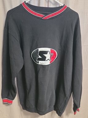 Vintage STARTER Black Crewneck Sweater with Red & White Logo Trim. Size XL
